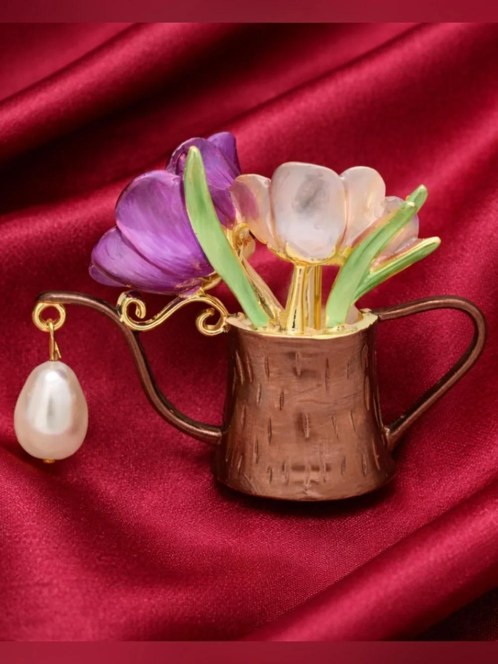 Floral Watering Can Gold Tulip Pearl Cute Chic Brooch